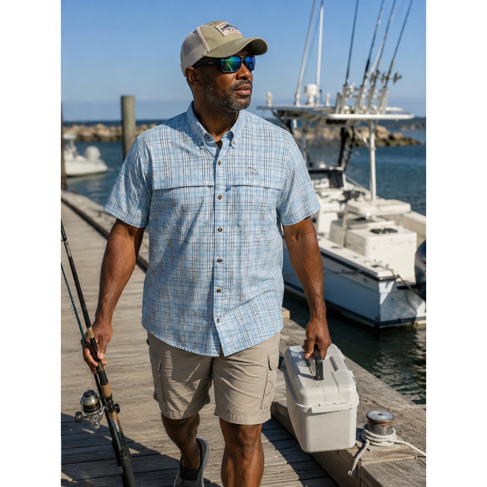 LL‎ Bean Mens XL Fishing Shirt Blue Plaid UPF 50 Short Sleeve Ventilated Shirt